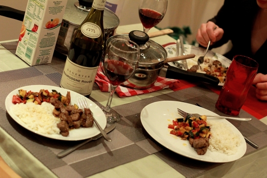 dinner with lamb and red wine
